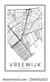 Printable downtown road map poster of the Dutch city of VREEWIJK on solid white background with city name