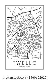 Printable downtown road map poster of the Dutch city of TWELLO on solid white background with city name