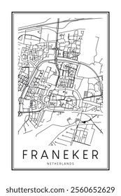 Printable downtown road map poster of the Dutch city of FRANEKER on solid white background with city name