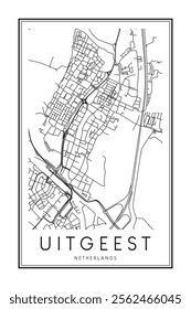 Printable downtown road map poster of the Dutch city of UITGEEST on solid white background with city name