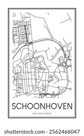 Printable downtown road map poster of the Dutch city of SCHOONHOVEN on solid white background with city name