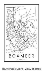 Printable downtown road map poster of the Dutch city of BOXMEER on solid white background with city name