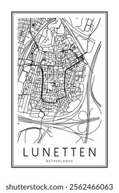 Printable downtown road map poster of the Dutch city of LUNETTEN on solid white background with city name