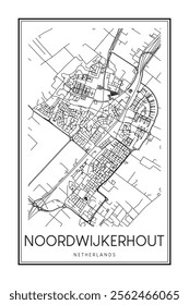 Printable downtown road map poster of the Dutch city of NOORDWIJKERHOUT on solid white background with city name