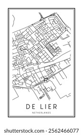 Printable downtown road map poster of the Dutch city of DE LIER on solid white background with city name
