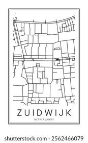 Printable downtown road map poster of the Dutch city of ZUIDWIJK on solid white background with city name