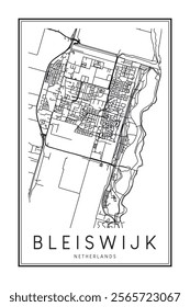 Printable downtown road map poster of the Dutch city of BLEISWIJK on solid white background with city name