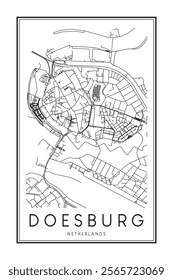 Printable downtown road map poster of the Dutch city of DOESBURG on solid white background with city name