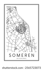 Printable downtown road map poster of the Dutch city of SOMEREN on solid white background with city name