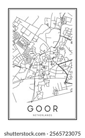 Printable downtown road map poster of the Dutch city of GOOR on solid white background with city name