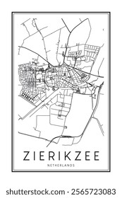 Printable downtown road map poster of the Dutch city of ZIERIKZEE on solid white background with city name