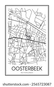 Printable downtown road map poster of the Dutch city of OOSTERBEEK on solid white background with city name