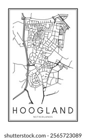 Printable downtown road map poster of the Dutch city of HOOGLAND on solid white background with city name