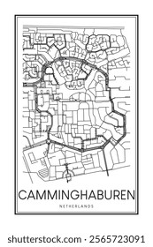 Printable downtown road map poster of the Dutch city of CAMMINGHABUREN on solid white background with city name