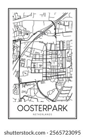 Printable downtown road map poster of the Dutch city of OOSTERPARK on solid white background with city name