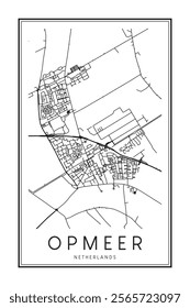 Printable downtown road map poster of the Dutch city of OPMEER on solid white background with city name