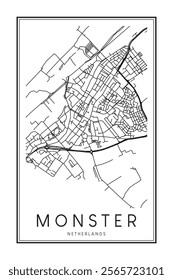 Printable downtown road map poster of the Dutch city of MONSTER on solid white background with city name