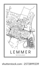 Printable downtown road map poster of the Dutch city of LEMMER on solid white background with city name