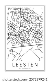 Printable downtown road map poster of the Dutch city of LEESTEN on solid white background with city name