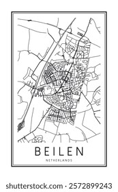 Printable downtown road map poster of the Dutch city of BEILEN on solid white background with city name