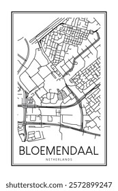 Printable downtown road map poster of the Dutch city of BLOEMENDAAL on solid white background with city name