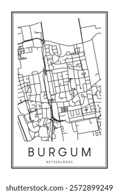 Printable downtown road map poster of the Dutch city of BURGUM on solid white background with city name