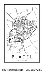 Printable downtown road map poster of the Dutch city of BLADEL on solid white background with city name