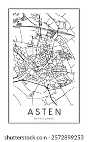 Printable downtown road map poster of the Dutch city of ASTEN on solid white background with city name