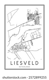 Printable downtown road map poster of the Dutch city of LIESVELD on solid white background with city name