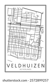 Printable downtown road map poster of the Dutch city of VELDHUIZEN on solid white background with city name