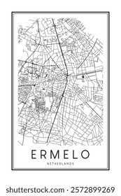 Printable downtown road map poster of the Dutch city of ERMELO on solid white background with city name