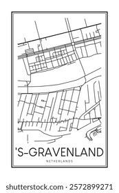 Printable downtown road map poster of the Dutch city of 'S-GRAVENLAND on solid white background with city name