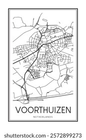 Printable downtown road map poster of the Dutch city of VOORTHUIZEN on solid white background with city name