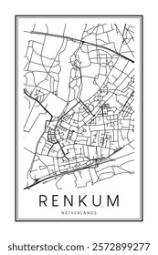 Printable downtown road map poster of the Dutch city of RENKUM on solid white background with city name