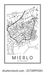 Printable downtown road map poster of the Dutch city of MIERLO on solid white background with city name