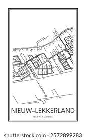 Printable downtown road map poster of the Dutch city of NIEUW-LEKKERLAND on solid white background with city name