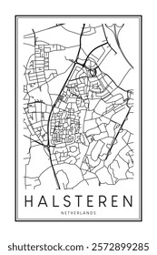 Printable downtown road map poster of the Dutch city of HALSTEREN on solid white background with city name