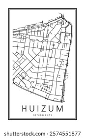 Printable downtown road map poster of the Dutch city of HUIZUM on solid white background with city name