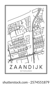 Printable downtown road map poster of the Dutch city of ZAANDIJK on solid white background with city name