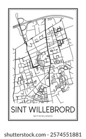 Printable downtown road map poster of the Dutch city of SINT WILLEBRORD on solid white background with city name