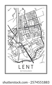 Printable downtown road map poster of the Dutch city of LENT on solid white background with city name