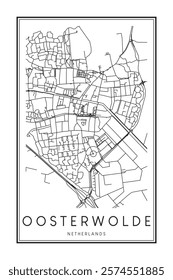 Printable downtown road map poster of the Dutch city of OOSTERWOLDE on solid white background with city name