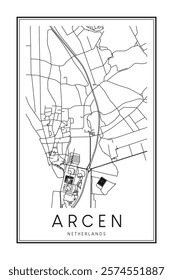 Printable downtown road map poster of the Dutch city of ARCEN on solid white background with city name