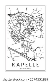 Printable downtown road map poster of the Dutch city of KAPELLE on solid white background with city name