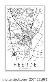 Printable downtown road map poster of the Dutch city of HEERDE on solid white background with city name