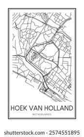 Printable downtown road map poster of the Dutch city of HOEK VAN HOLLAND on solid white background with city name