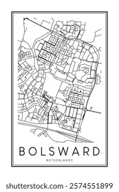 Printable downtown road map poster of the Dutch city of BOLSWARD on solid white background with city name