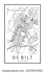 Printable downtown road map poster of the Dutch city of DE BILT on solid white background with city name