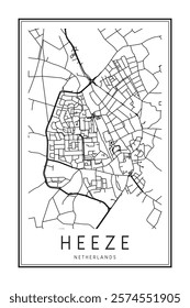 Printable downtown road map poster of the Dutch city of HEEZE on solid white background with city name