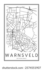 Printable downtown road map poster of the Dutch city of WARNSVELD on solid white background with city name